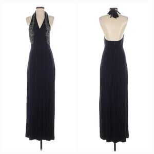 VTG Y2K Cache Beaded Halter Maxi Dress Navy Small Evening Prom Formal Gown READ
